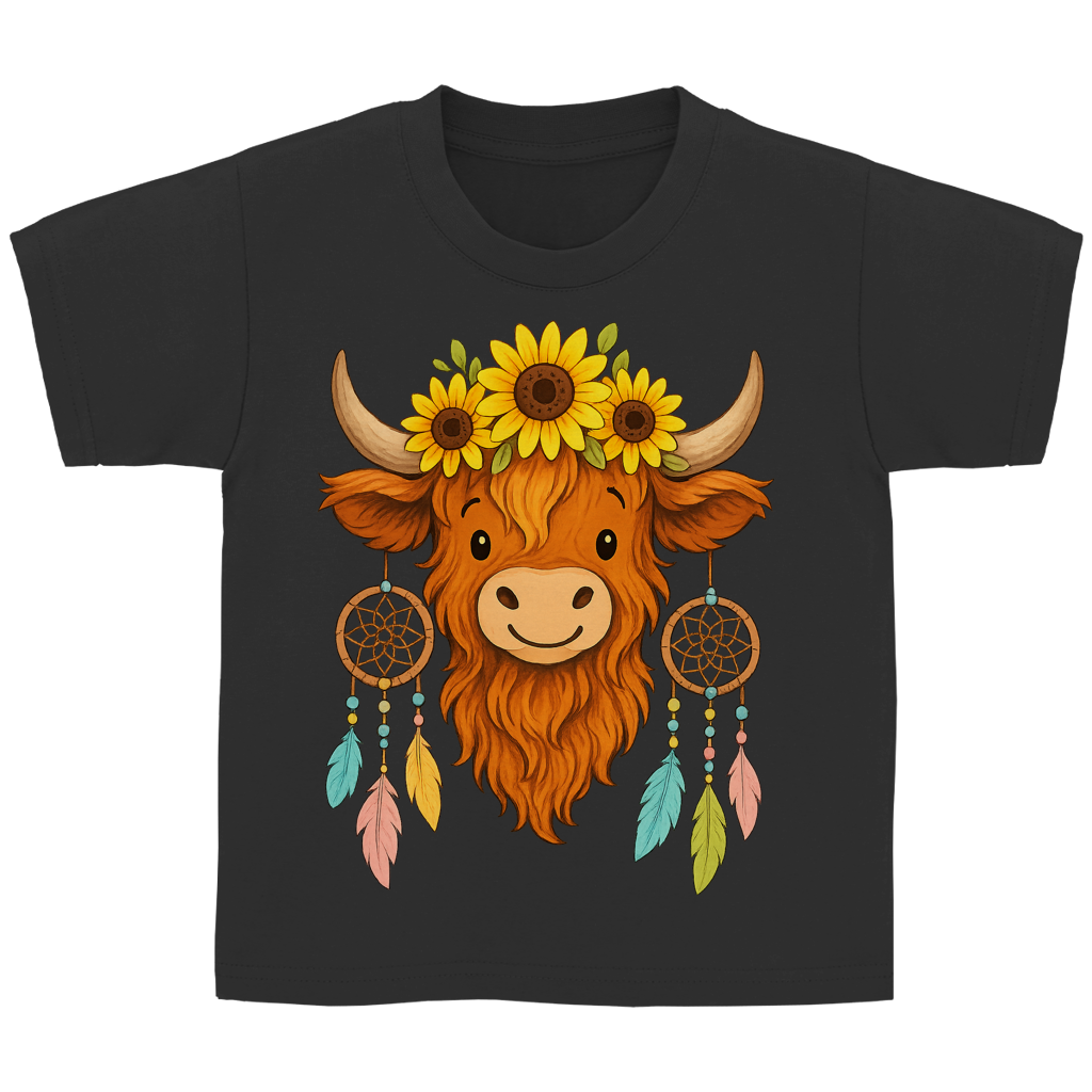 Kinder Basic T-Shirt Hochlandrind Sonnenblumen Comic