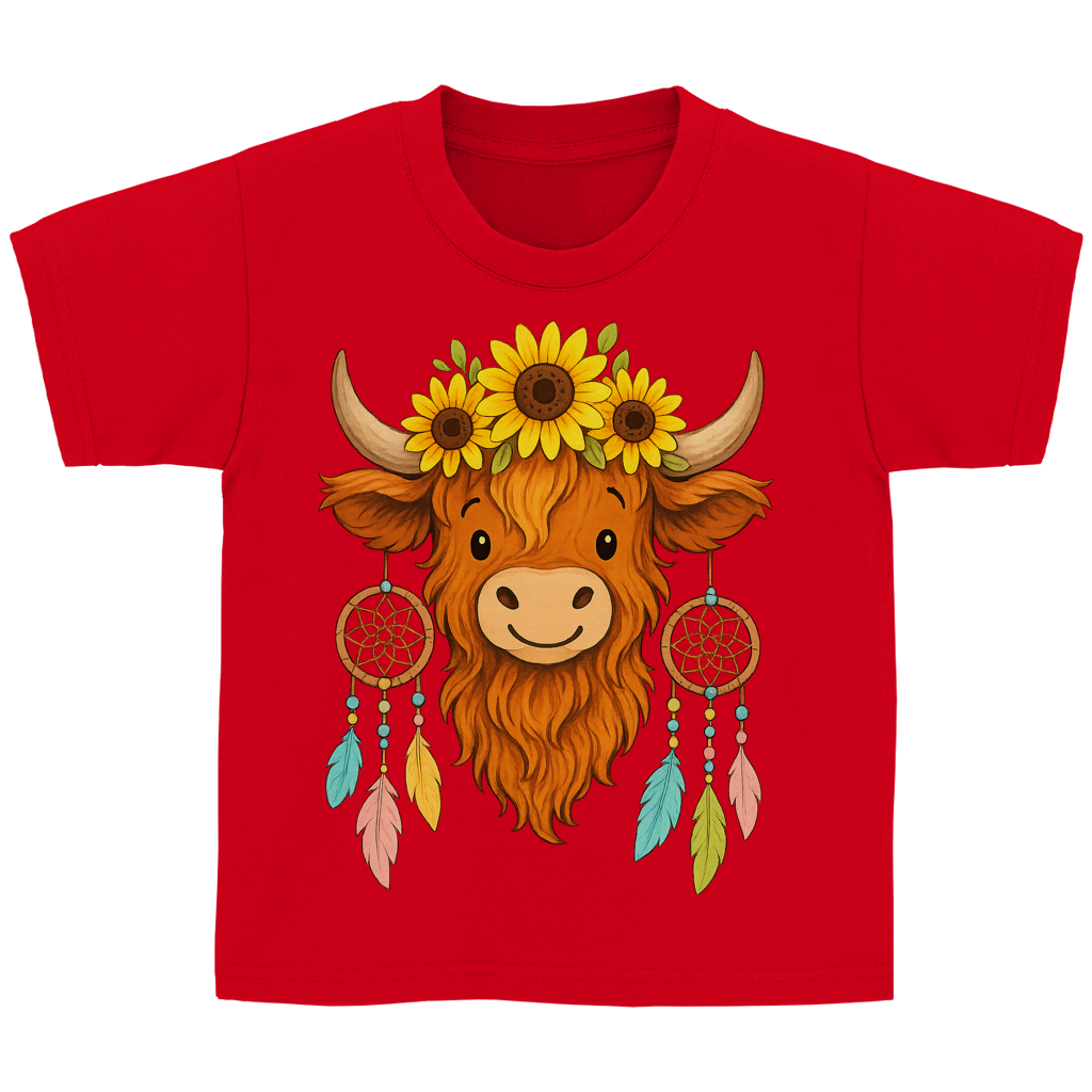 Kinder Basic T-Shirt Hochlandrind Sonnenblumen Comic