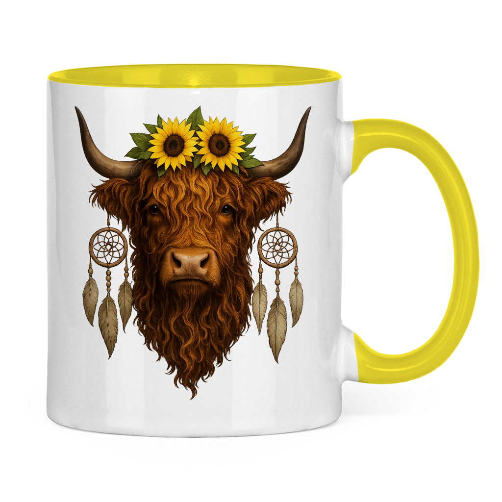 Tasse zweifarbig Hochlandrind Sonnenblumen realistisch
