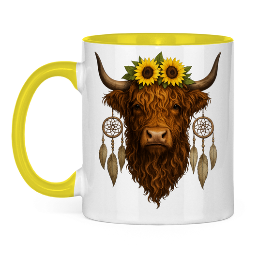Tasse zweifarbig Hochlandrind Sonnenblumen realistisch