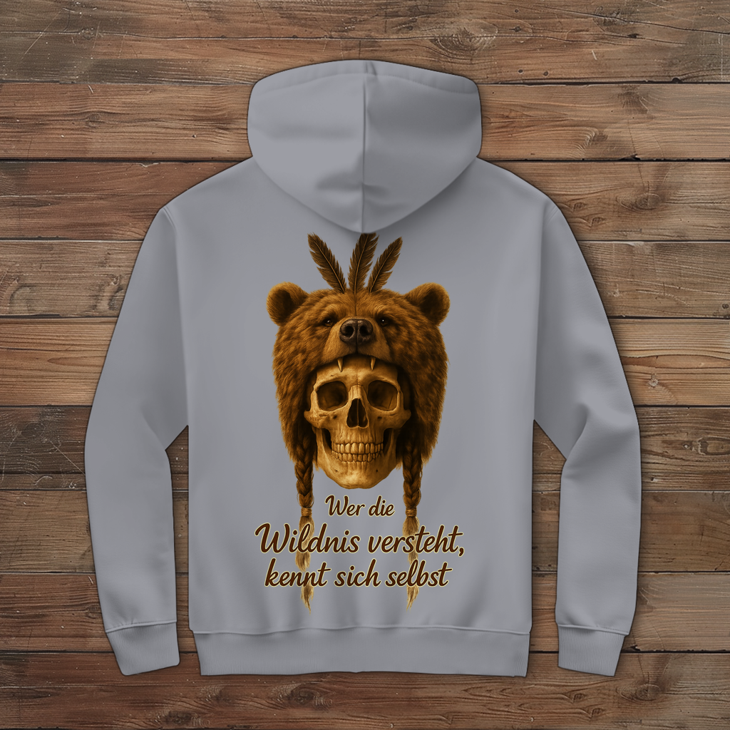 Herren Zipper Hoodie Schädel mit Bär wer die Wildnis versteht