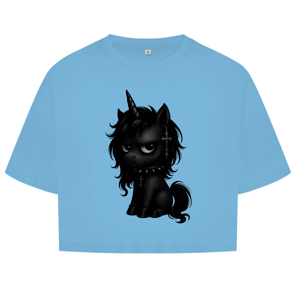 Damen Oversize Crop Top Einhorn schwarz mit Stachelhalsband