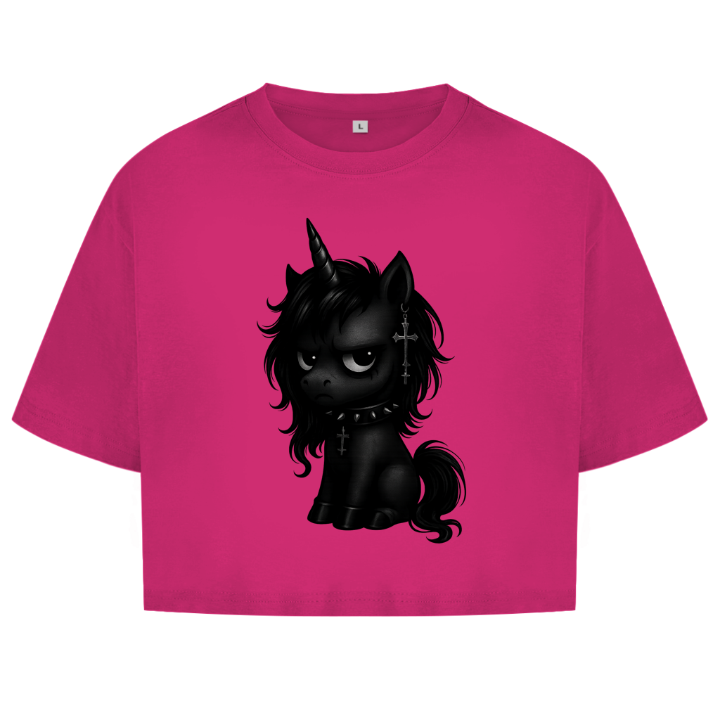 Damen Oversize Crop Top Einhorn schwarz mit Stachelhalsband