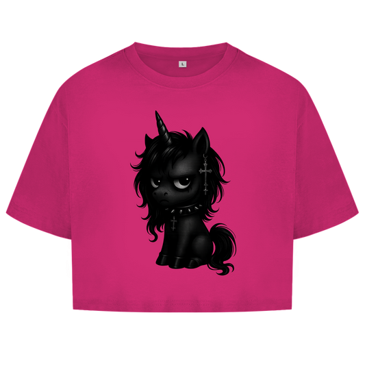 Damen Oversize Crop Top Einhorn schwarz mit Stachelhalsband