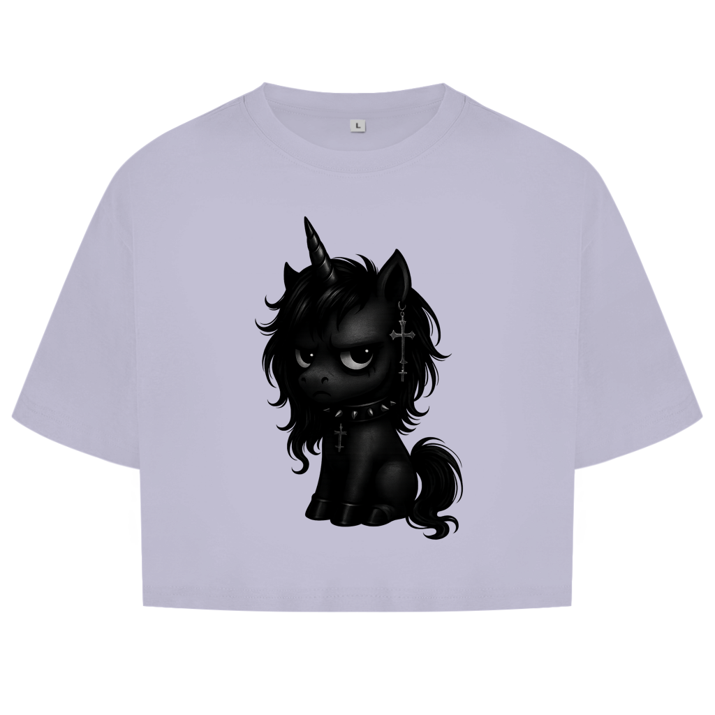 Damen Oversize Crop Top Einhorn schwarz mit Stachelhalsband