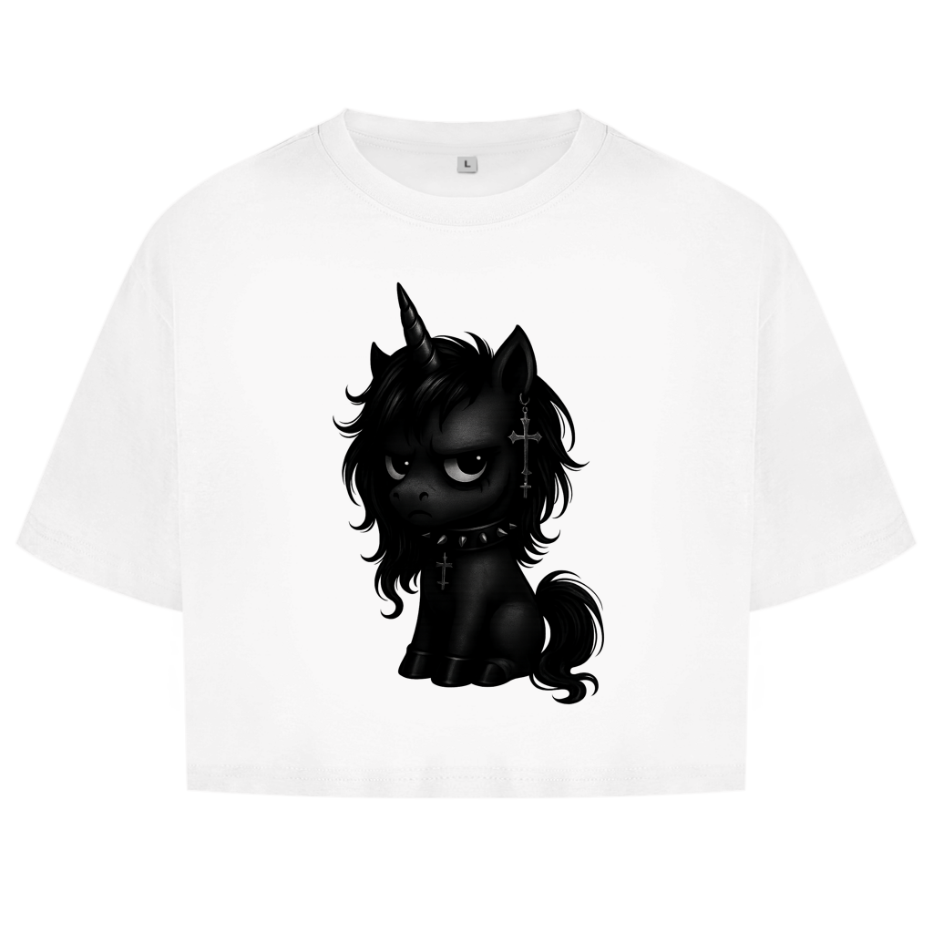 Damen Oversize Crop Top Einhorn schwarz mit Stachelhalsband
