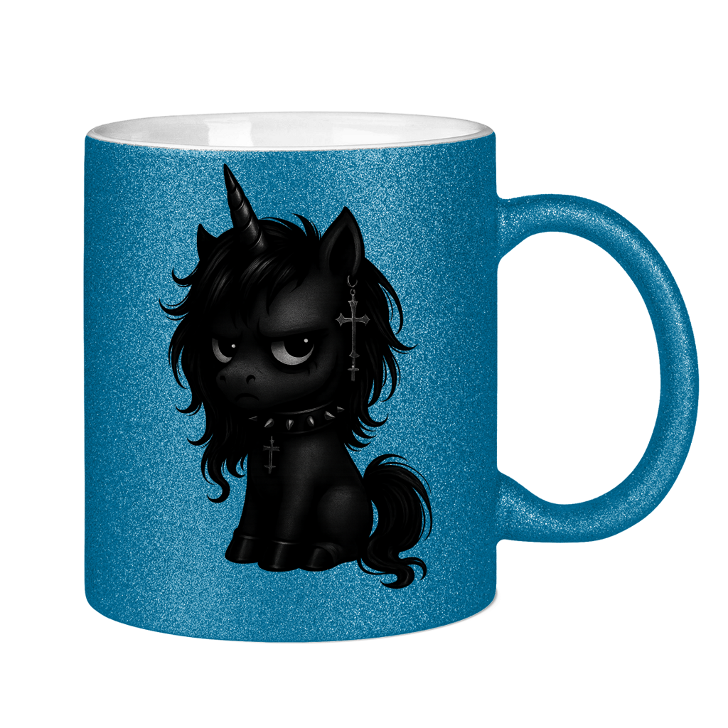 Glitzertasse Einhorn schwarz mit Stachelhalsband
