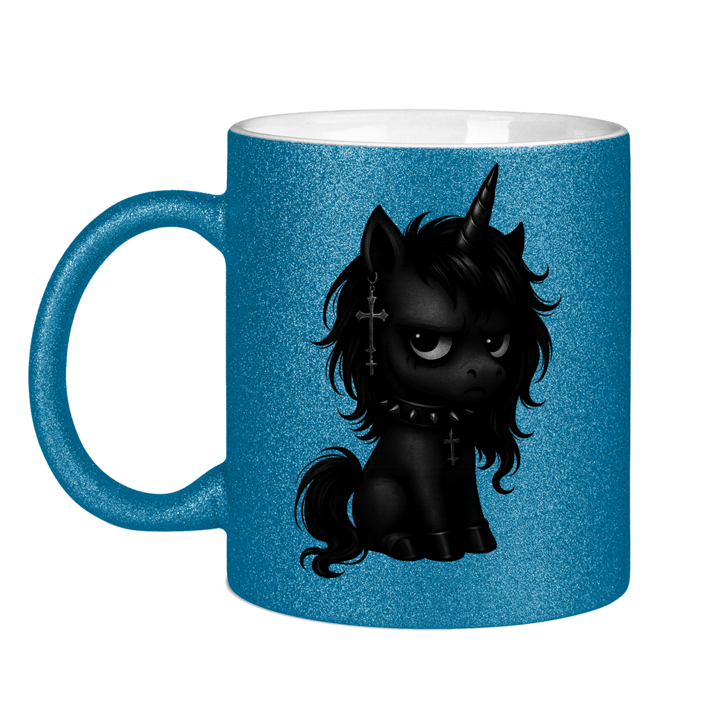 Glitzertasse Einhorn schwarz mit Stachelhalsband