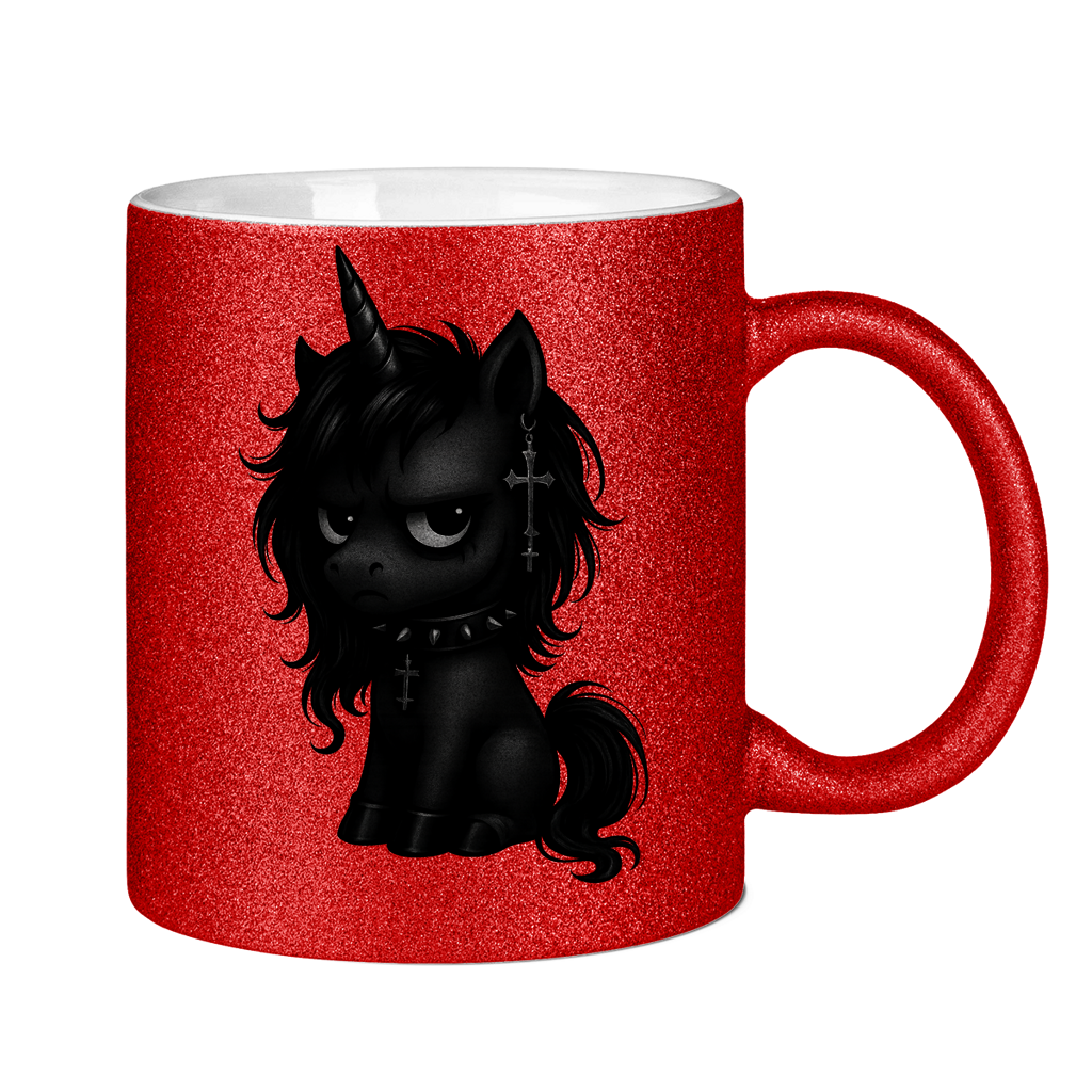 Glitzertasse Einhorn schwarz mit Stachelhalsband