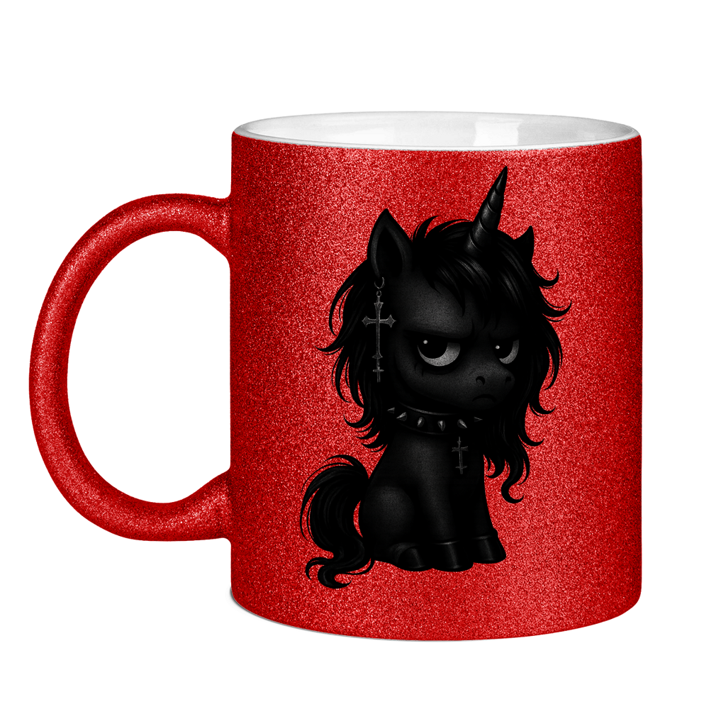 Glitzertasse Einhorn schwarz mit Stachelhalsband
