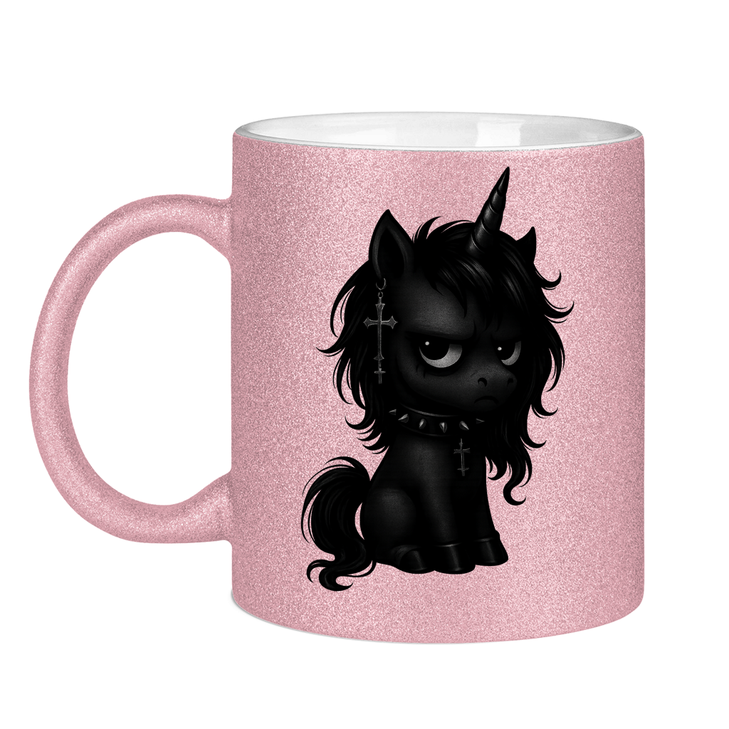 Glitzertasse Einhorn schwarz mit Stachelhalsband