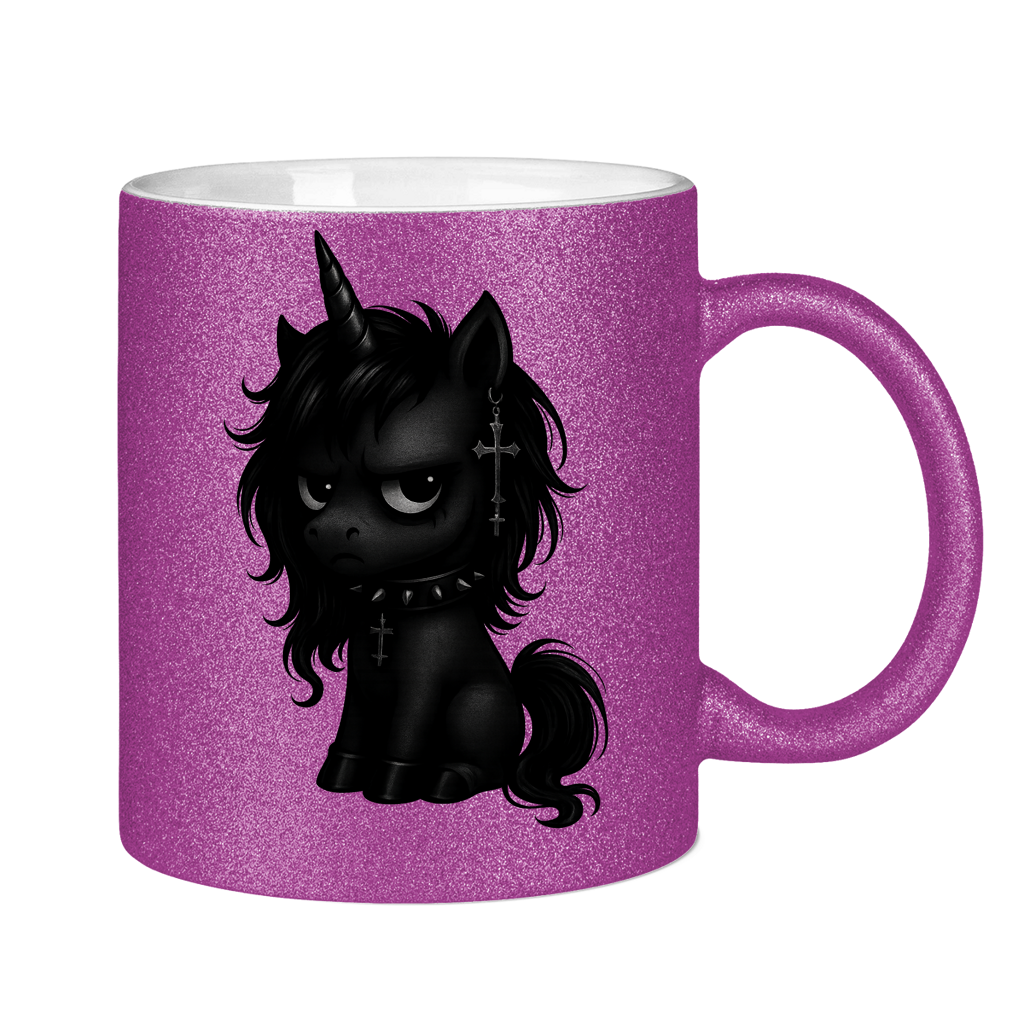 Glitzertasse Einhorn schwarz mit Stachelhalsband