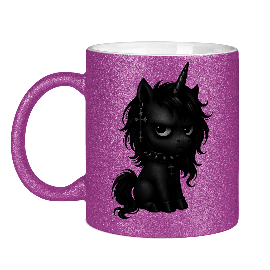 Glitzertasse Einhorn schwarz mit Stachelhalsband