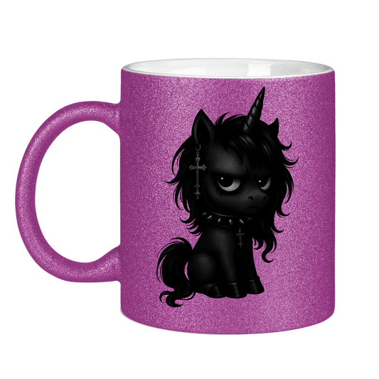 Glitzertasse Einhorn schwarz mit Stachelhalsband