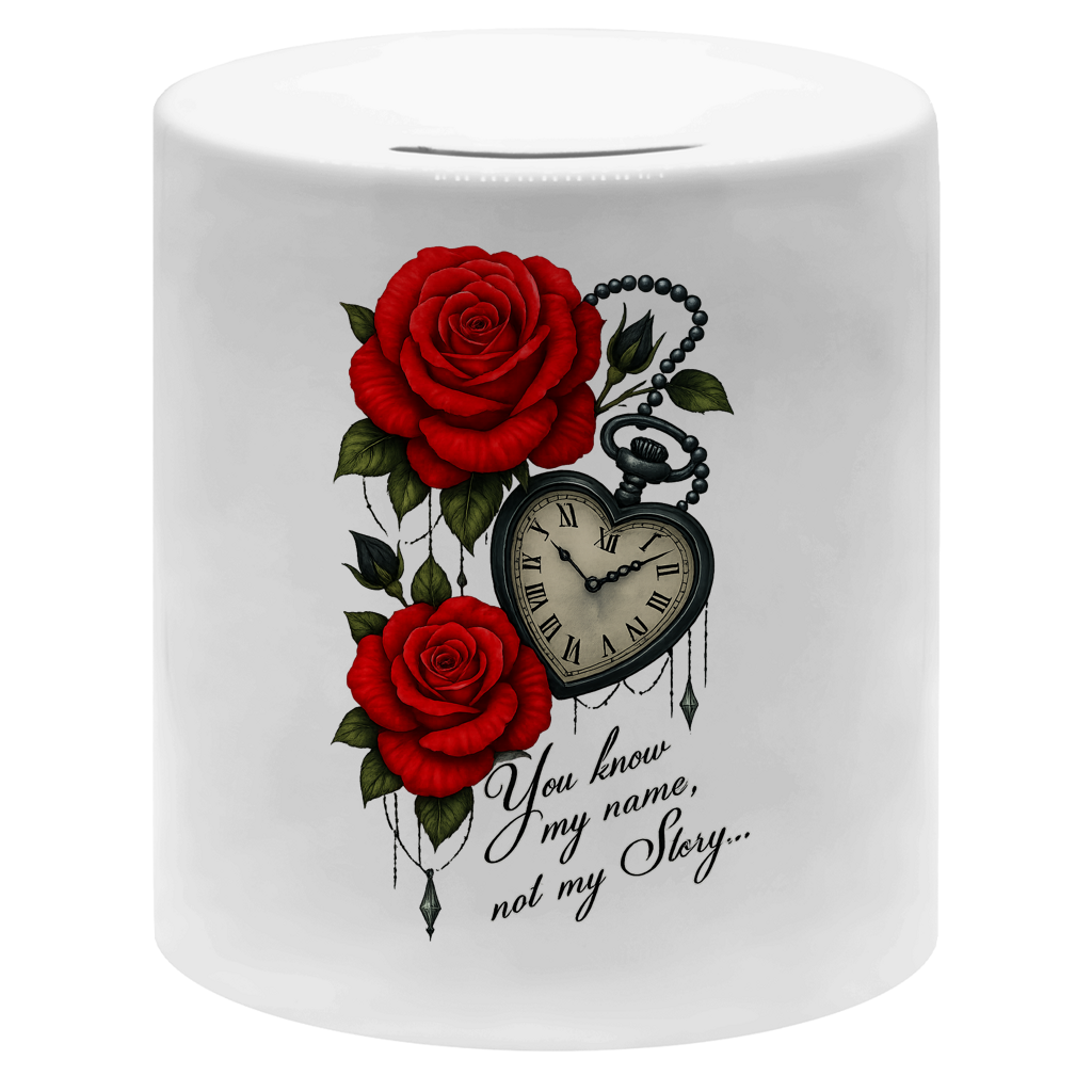 Money box Herzuhr mit Spruch und roten Rosen