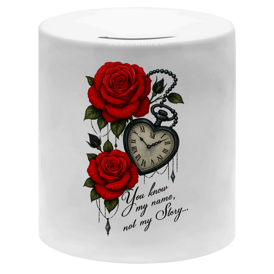 Money box Herzuhr mit Spruch und roten Rosen