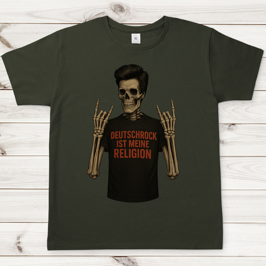 Herren T-Shirt Skelett Mann Deutschrock ist meine Religion