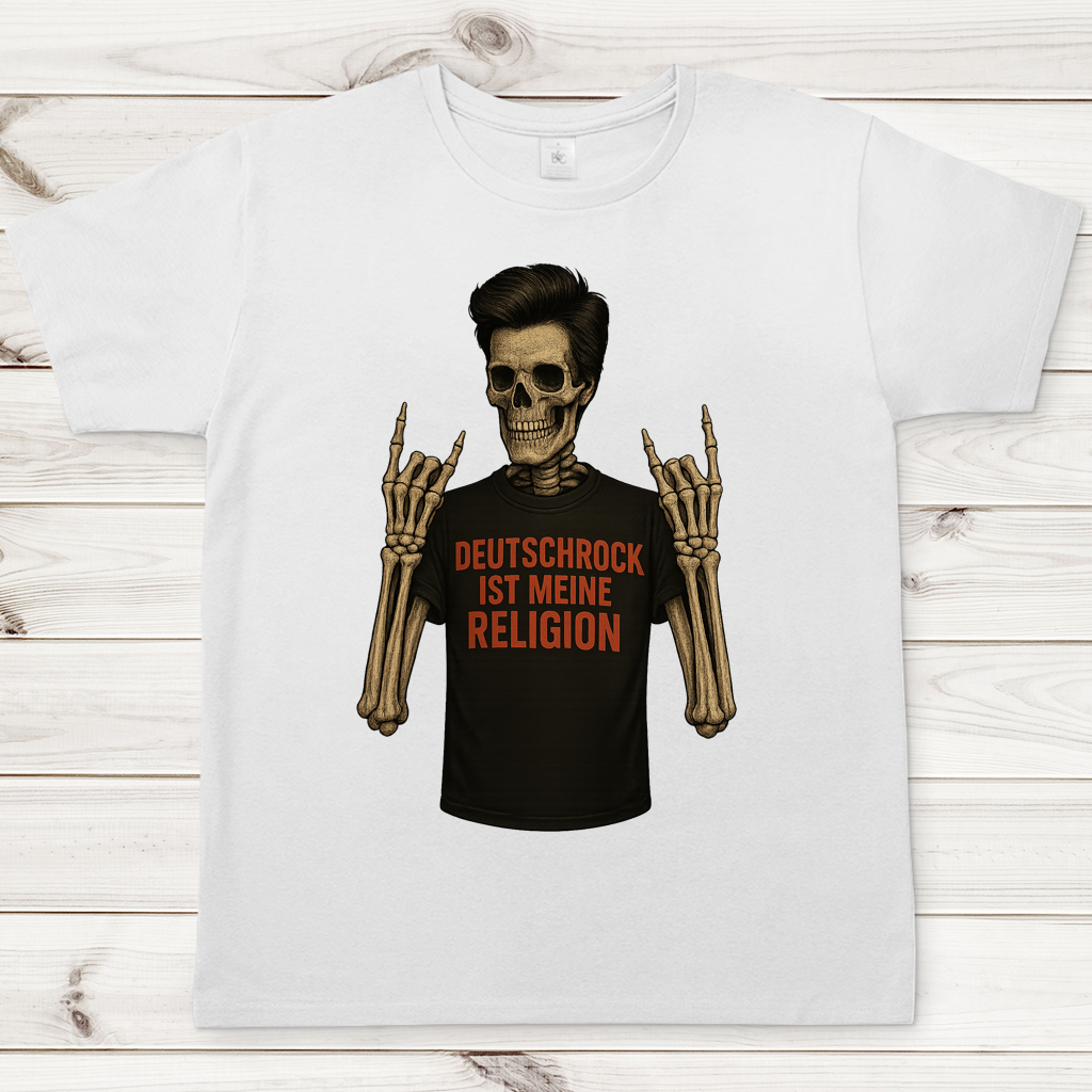 Herren T-Shirt Skelett Mann Deutschrock ist meine Religion
