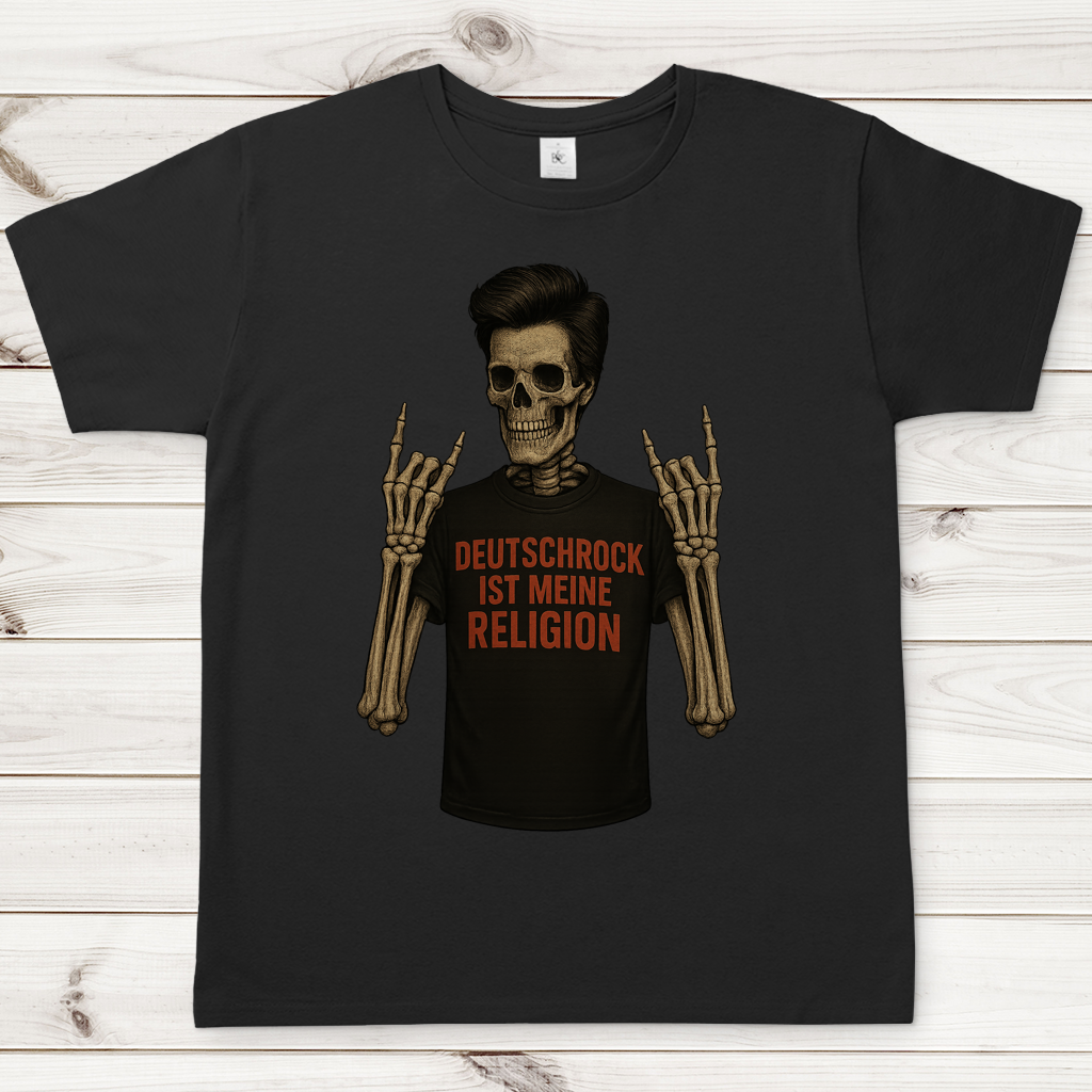 Herren T-Shirt Skelett Mann Deutschrock ist meine Religion