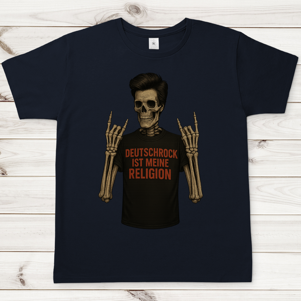 Herren T-Shirt Skelett Mann Deutschrock ist meine Religion