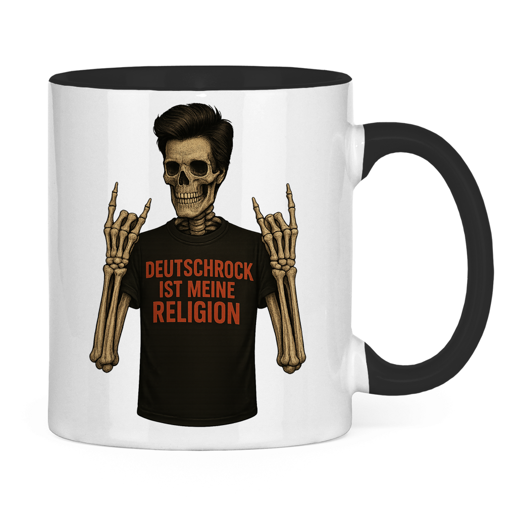 Tasse zweifarbig Skelett Mann Deutschrock ist meine Religion