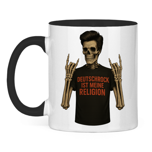 Tasse zweifarbig Skelett Mann Deutschrock ist meine Religion