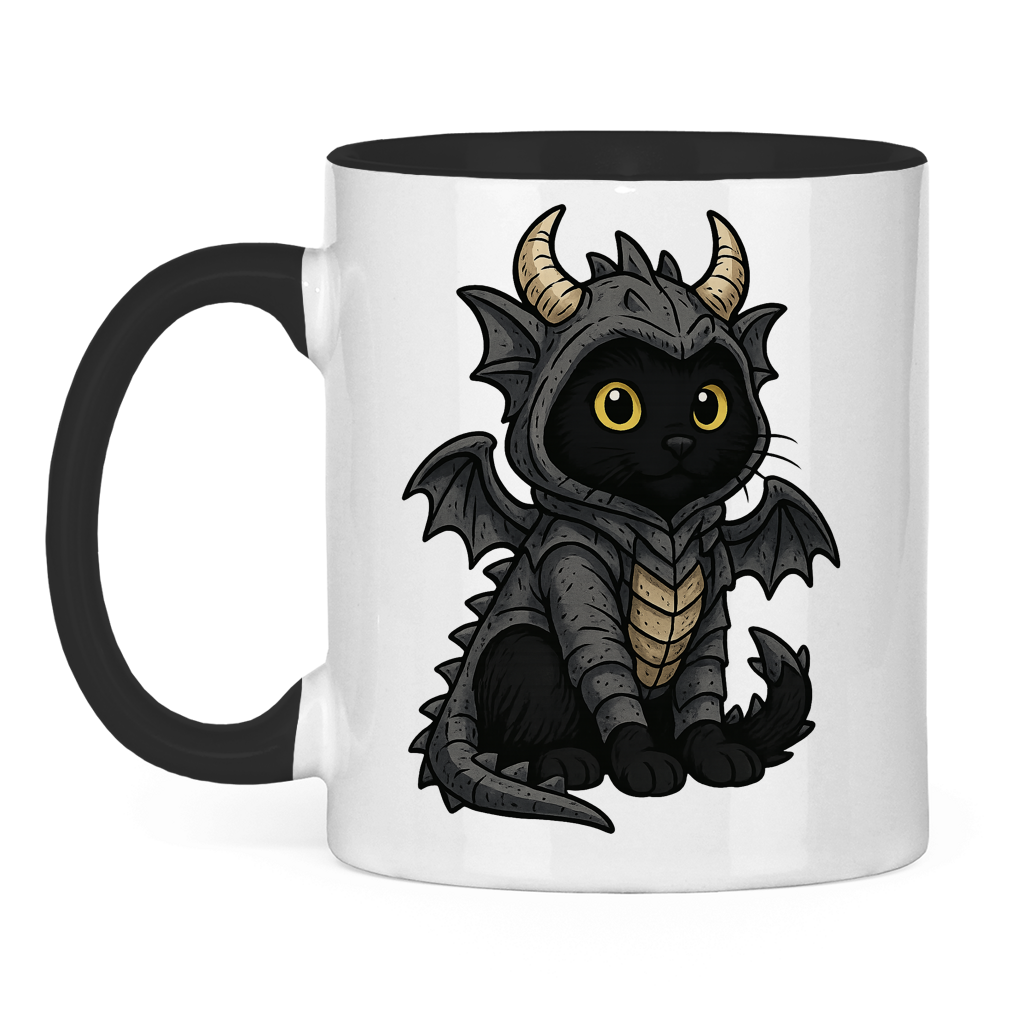 Tasse zweifarbig Katze Drachenkostüm Comic