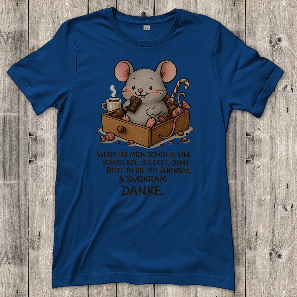 Damen T-Shirt Maus Schublade mit Schokolade