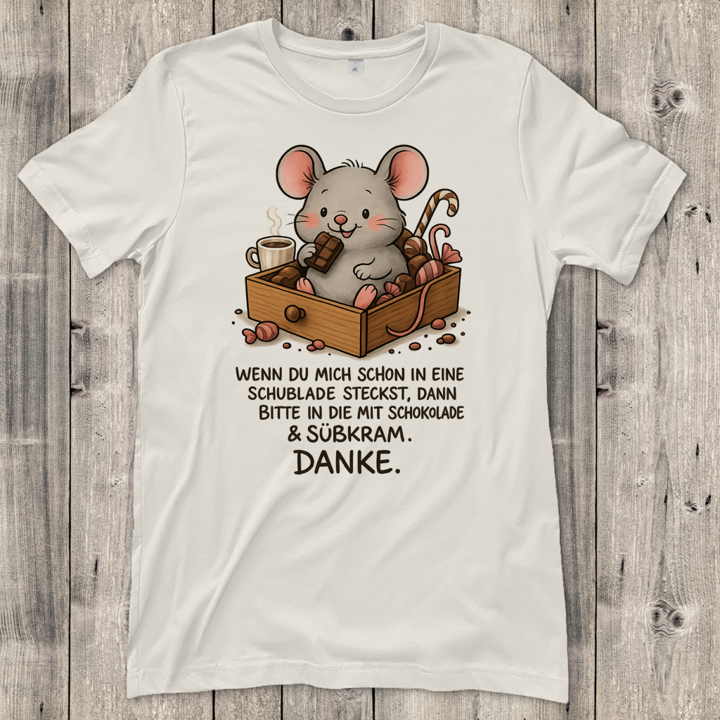 Damen T-Shirt Maus Schublade mit Schokolade