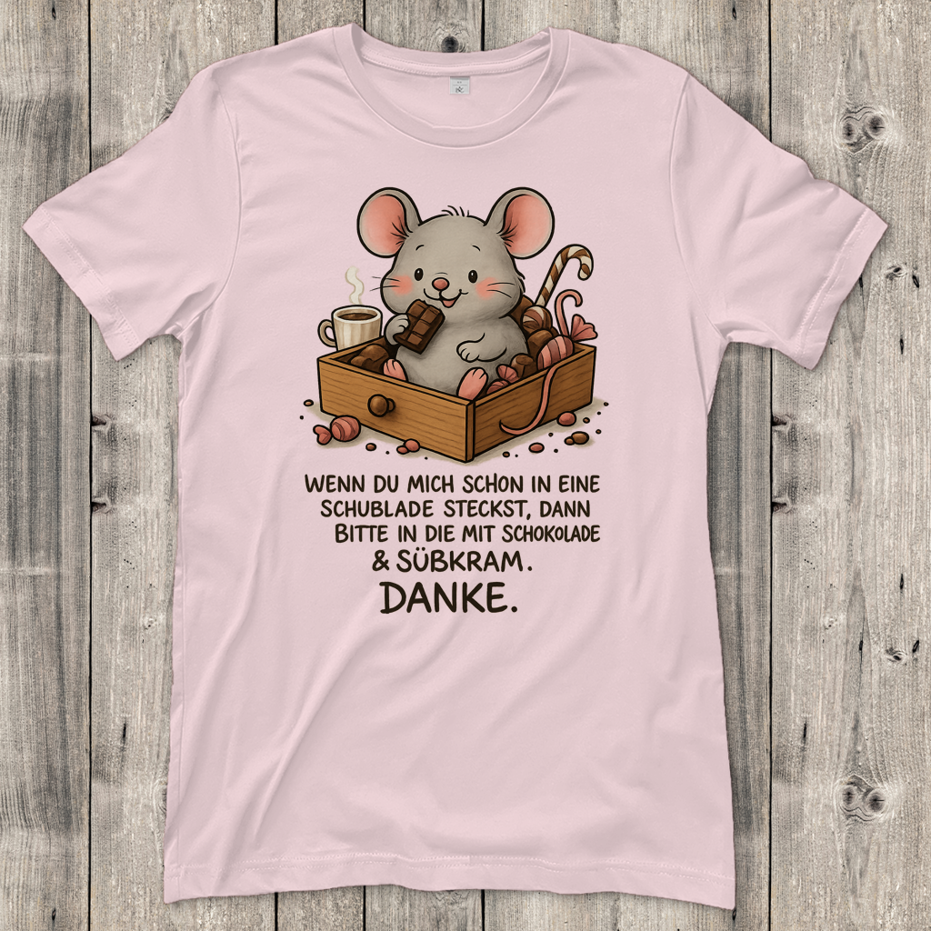 Damen T-Shirt Maus Schublade mit Schokolade