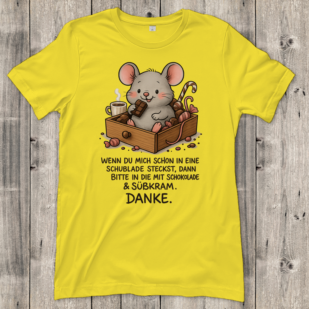 Damen T-Shirt Maus Schublade mit Schokolade