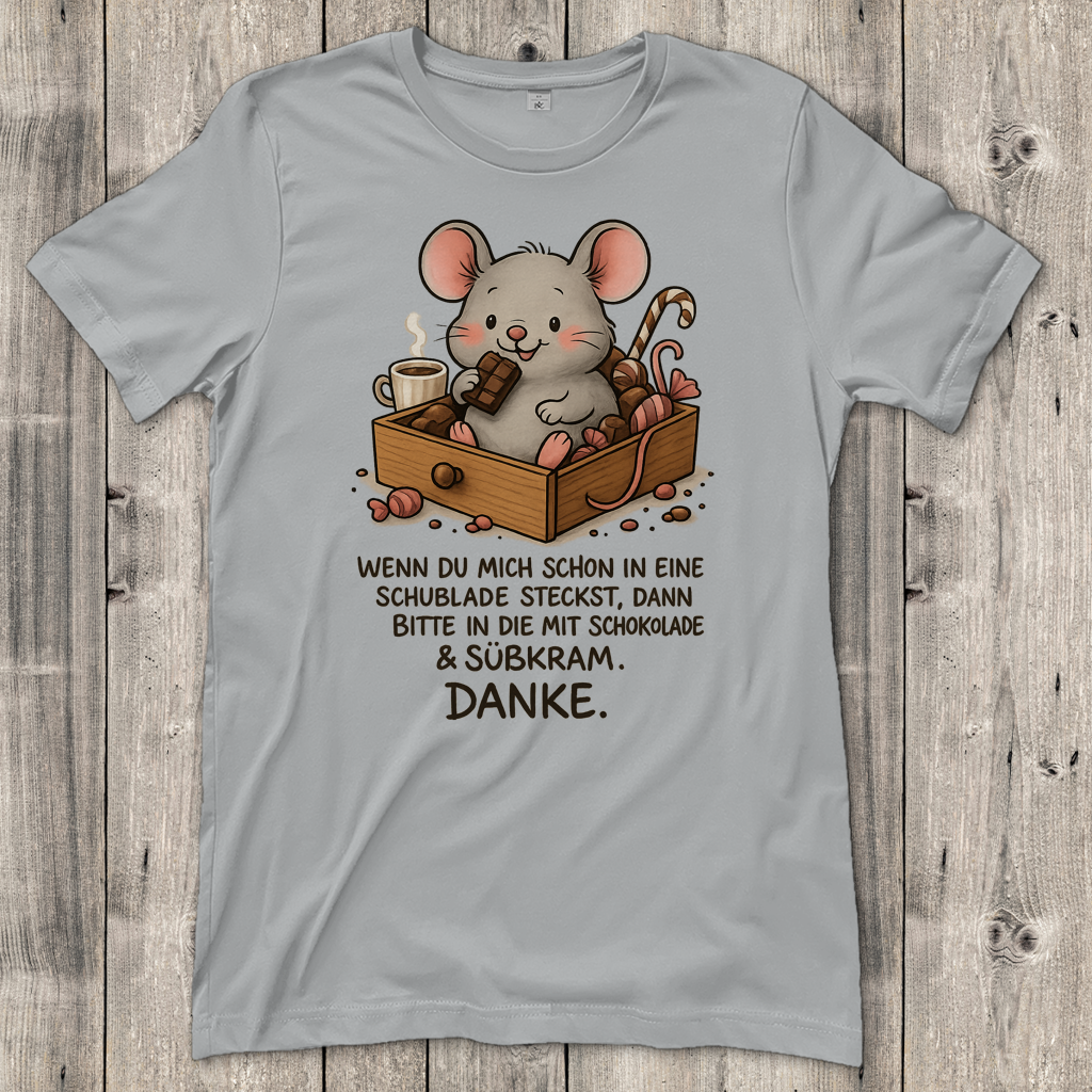 Damen T-Shirt Maus Schublade mit Schokolade