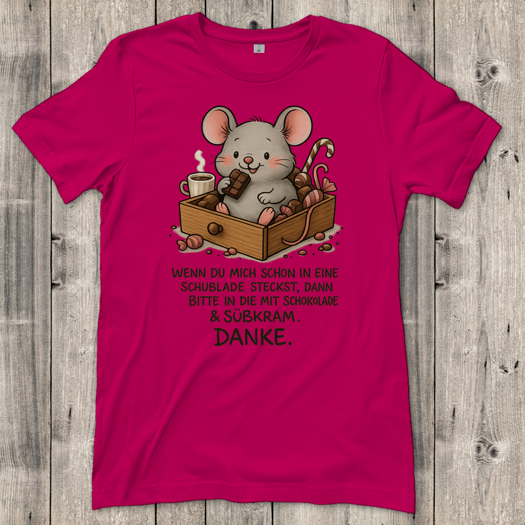 Damen T-Shirt Maus Schublade mit Schokolade