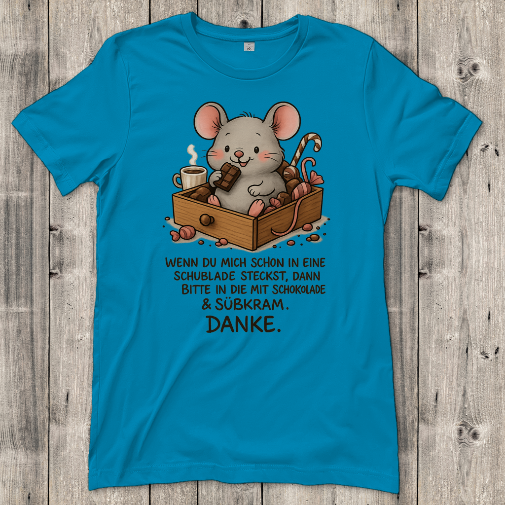 Damen T-Shirt Maus Schublade mit Schokolade