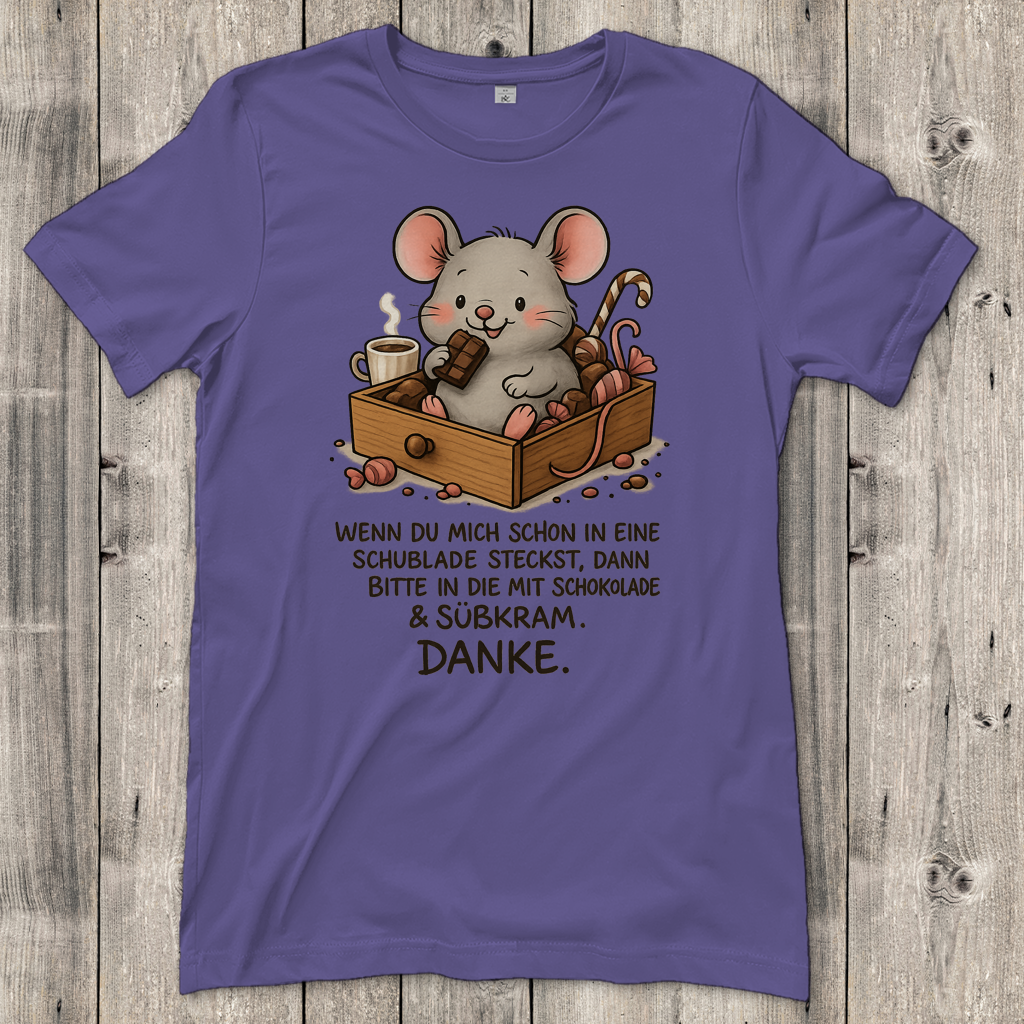 Damen T-Shirt Maus Schublade mit Schokolade