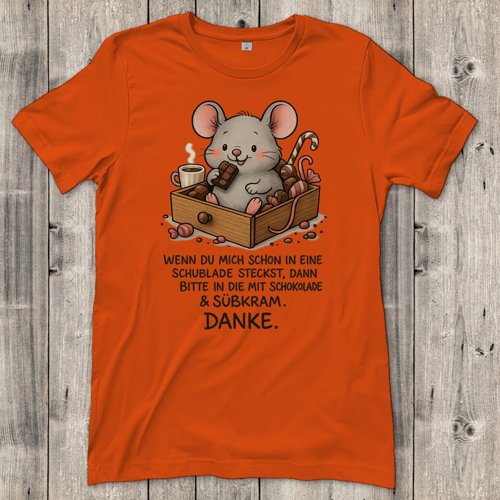 Damen T-Shirt Maus Schublade mit Schokolade
