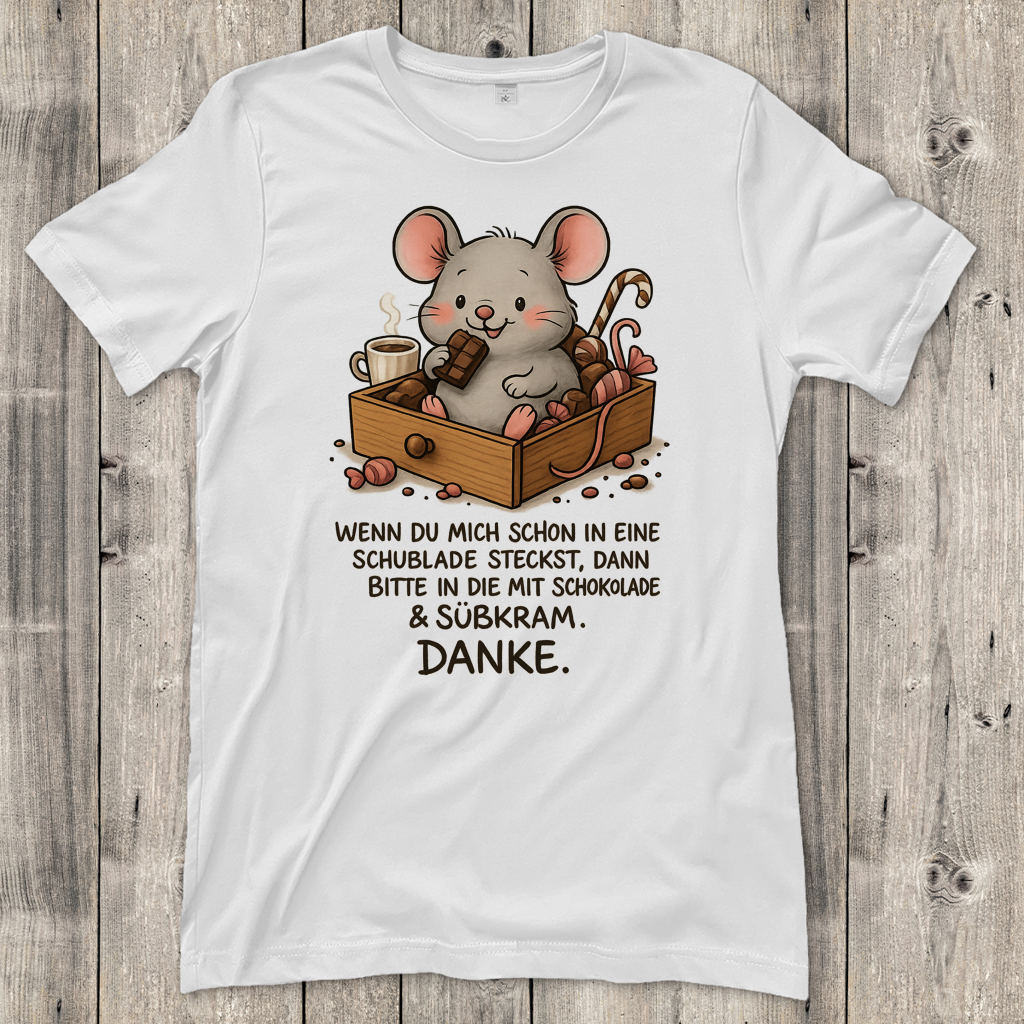 Damen T-Shirt Maus Schublade mit Schokolade