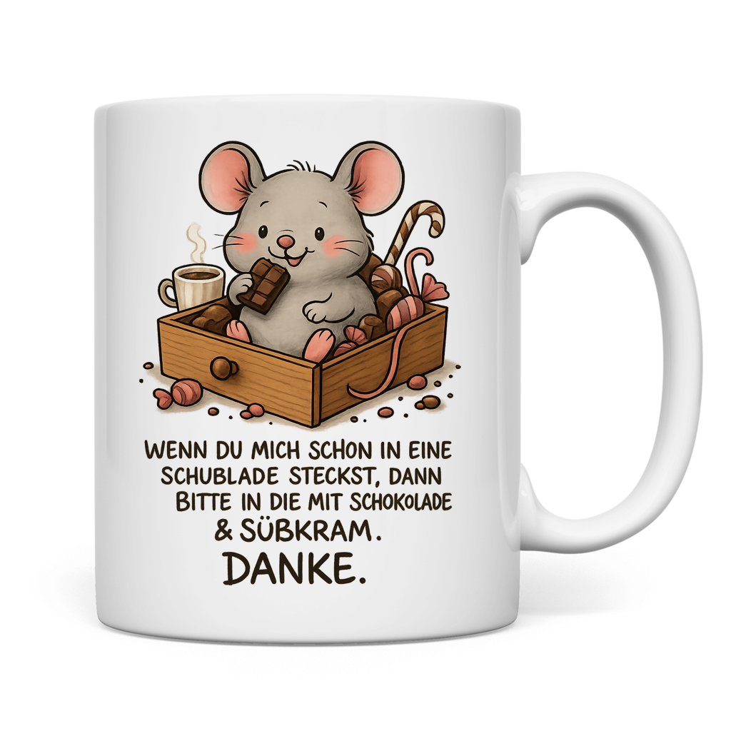 Tasse Maus Schublade mit Schokolade