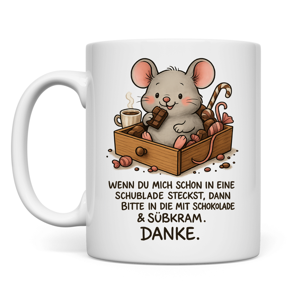 Tasse Maus Schublade mit Schokolade
