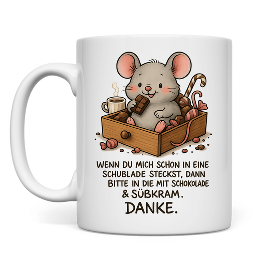Tasse Maus Schublade mit Schokolade