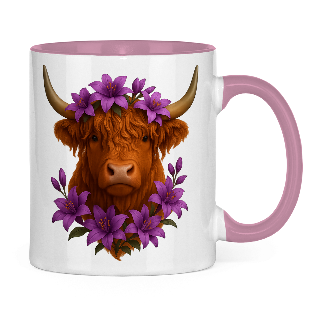 Tasse zweifarbig Hochlandrind lila Blumen