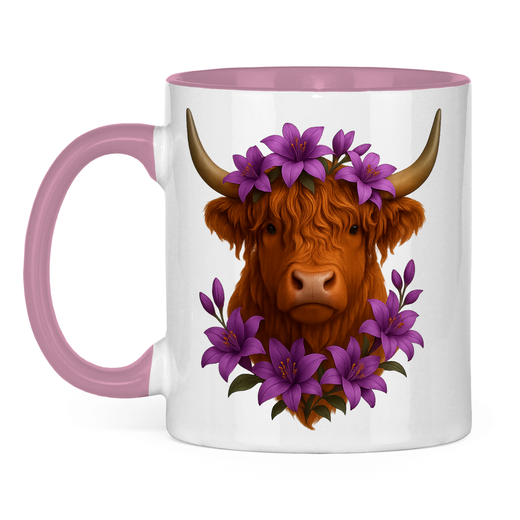 Tasse zweifarbig Hochlandrind lila Blumen