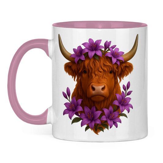 Tasse zweifarbig Hochlandrind lila Blumen