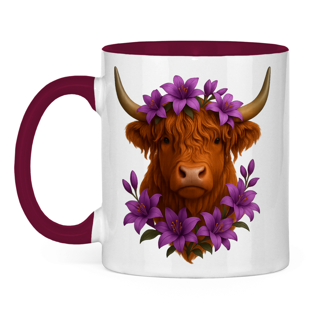 Tasse zweifarbig Hochlandrind lila Blumen