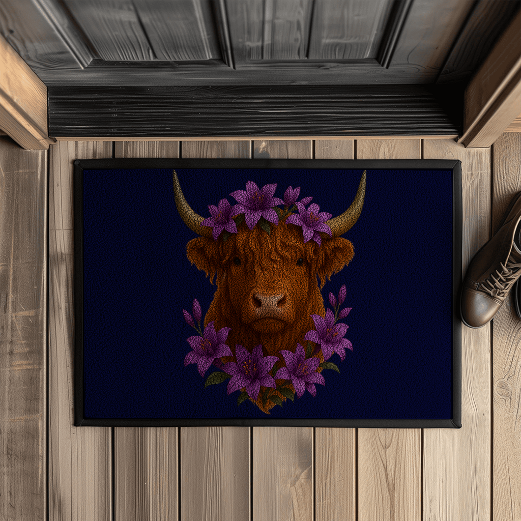 Fußmatte mit Gummirand Hochlandrind lila Blumen