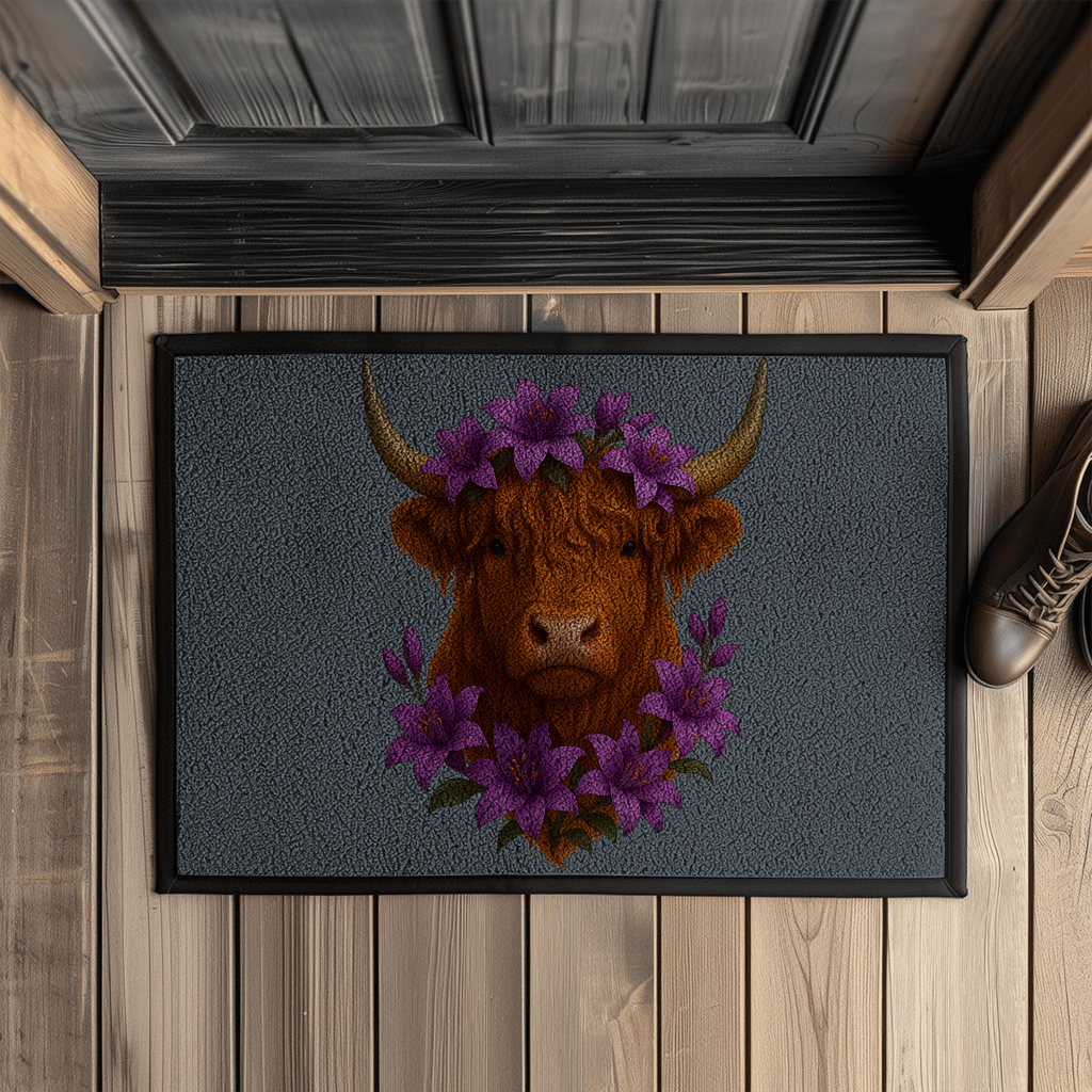 Fußmatte mit Gummirand Hochlandrind lila Blumen