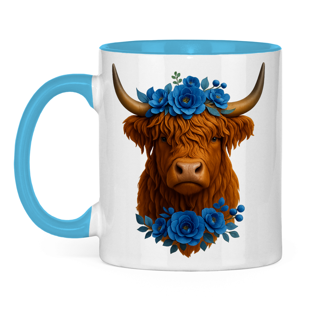 Tasse zweifarbig Hochlandrind blaue Blumen