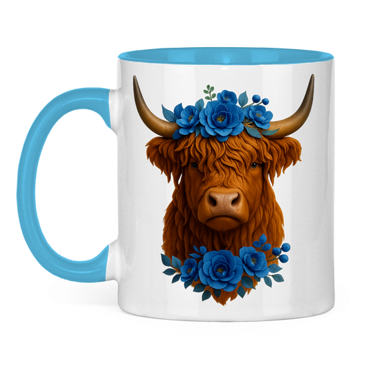 Tasse zweifarbig Hochlandrind blaue Blumen