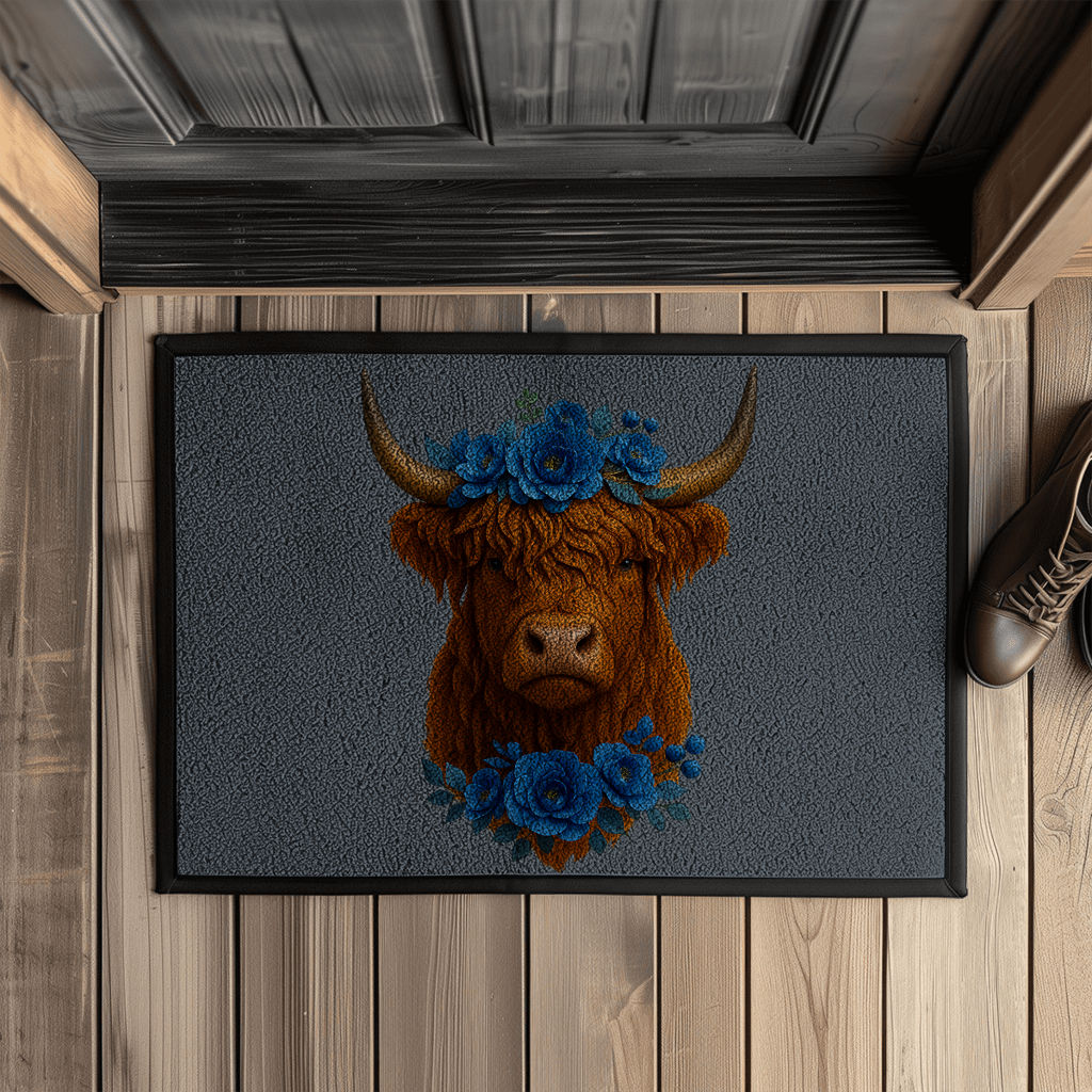 Fußmatte mit Gummirand Hochlandrind blaue Blumen