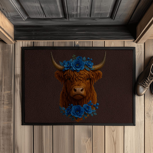 Fußmatte mit Gummirand Hochlandrind blaue Blumen